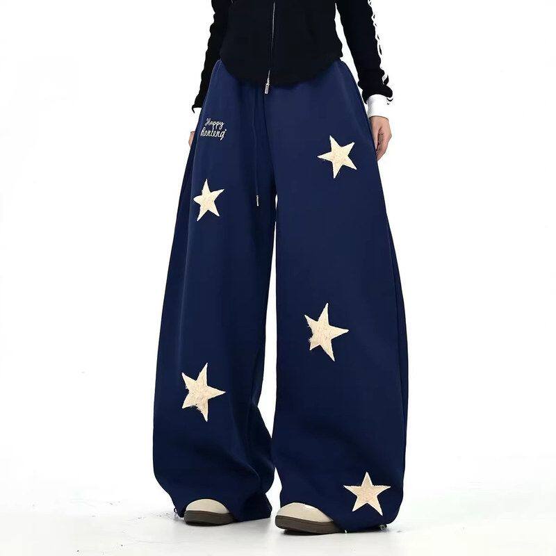 美式阔腿裤刺绣休闲星星抽绳宽松运动裤潮潮时尚灰色外贸复古长裤
