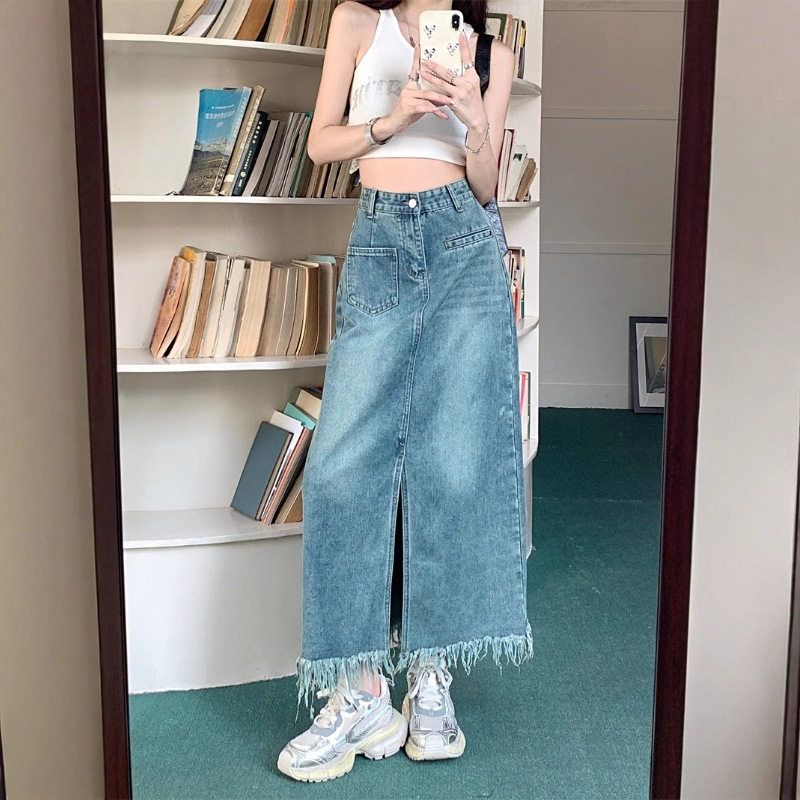 子春夏牛仔女装字中长裙新款毛边