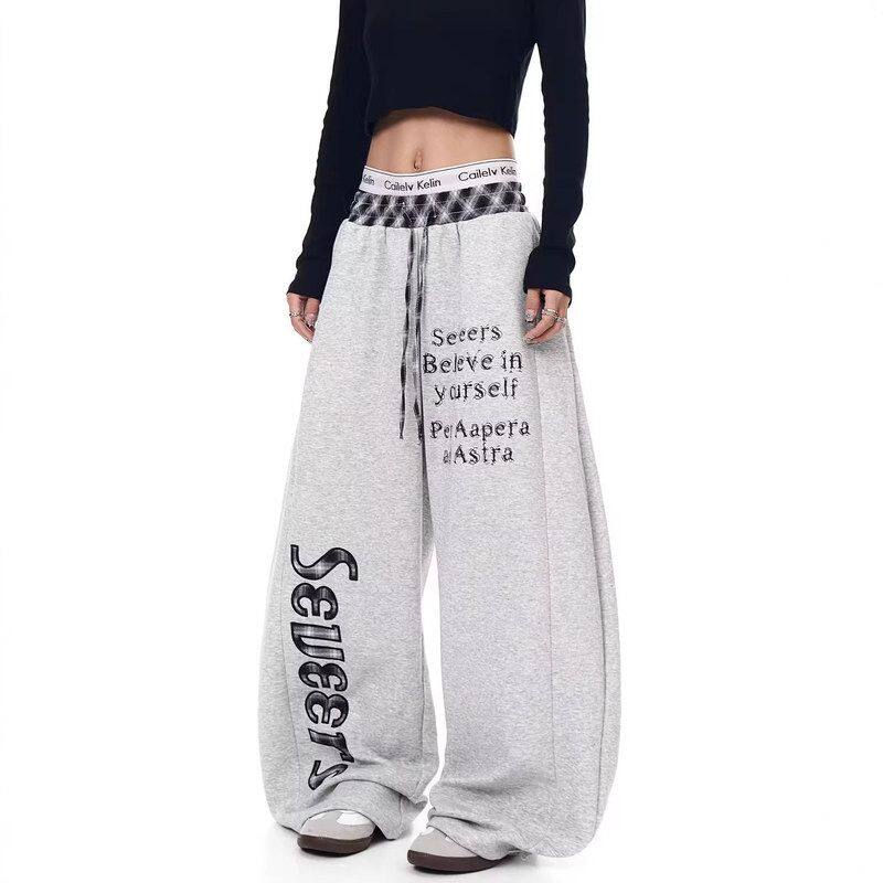 阔腿裤卫裤弯刀字母潮流拼接格纹女复古美式厂家直销宽松跨境运动