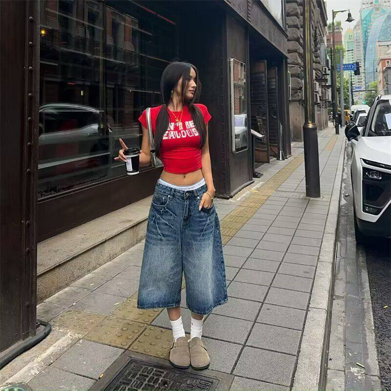 七分牛仔裤年短裤夏纹7女2026闪电高街分裤宽松新款潮牌阔腿美式