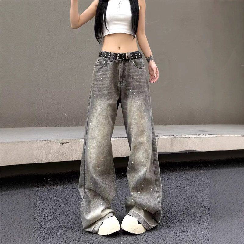 泼墨炒牛仔裤休闲美式锈水灰色时尚直筒微喇长裤拖地跨境男女宽松