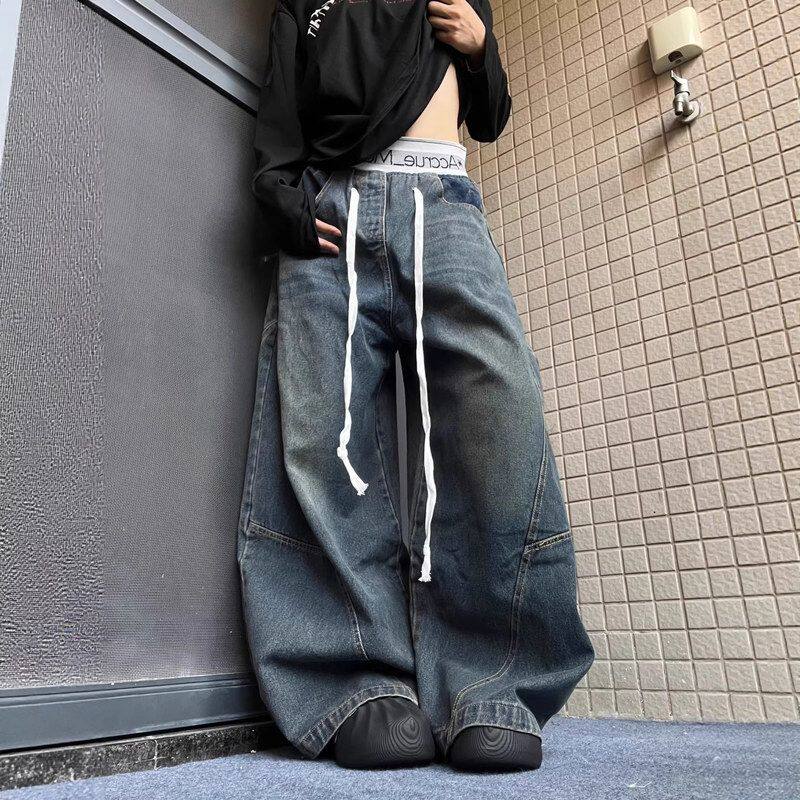 水洗阔腿拼接腰头裁剪弯刀baggy裤拖地做旧立体百搭美式长裤2026