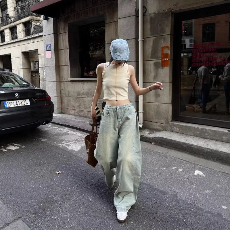 浅色设计感跨境时尚美式宽松阔腿裤痞帅女街头复古水洗牛仔裤拖地