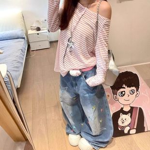 子宽松刺绣跨境女设计感2025秋季 裤 显瘦 直筒复古年高腰新款 牛仔裤