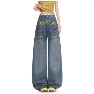 新款美式裤子长阔腿2025口袋时尚复古外贸反面宽松印花牛仔裤秋季