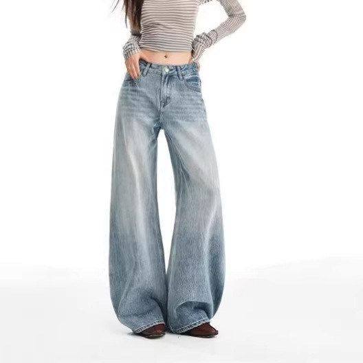 直筒女浅蓝色小个子水洗宽松牛仔裤阔腿裤新款弯刀显瘦春秋季子潮