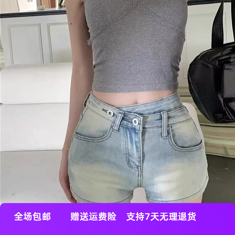 水洗女高腰热裤美式子夏季辣妹做旧复古包臀牛仔短裤弹力直筒显瘦