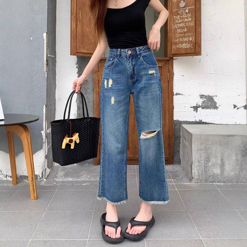 九分牛仔裤破洞法混版新款夏季女窄牛仔裤阔腿裤子小个子直筒毛边