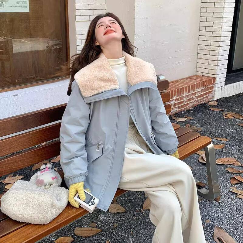 2025海军拼接毛中长款保暖工装羽绒女领羊羔棉服棉袄外套新款加厚