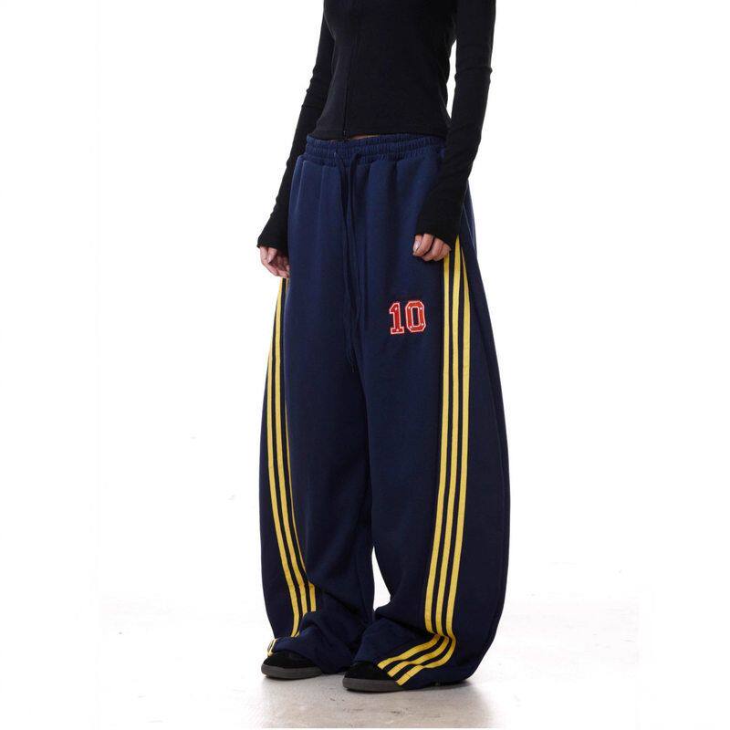 女设计感美式松紧阔腿杠高腰长裤春秋季复古三道黄色卫裤抽绳新款