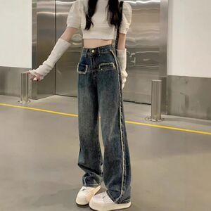 港风复古大码牛仔裤阔腿裤直筒