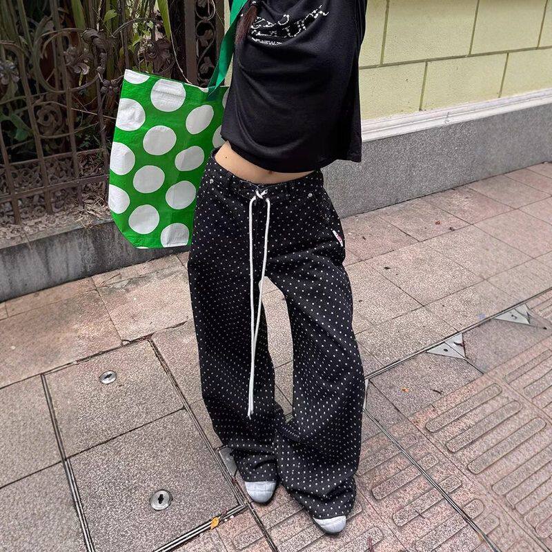 松紧系带新款高腰直筒薄款慵懒垂感春夏季休闲牛仔裤女阔腿裤波点