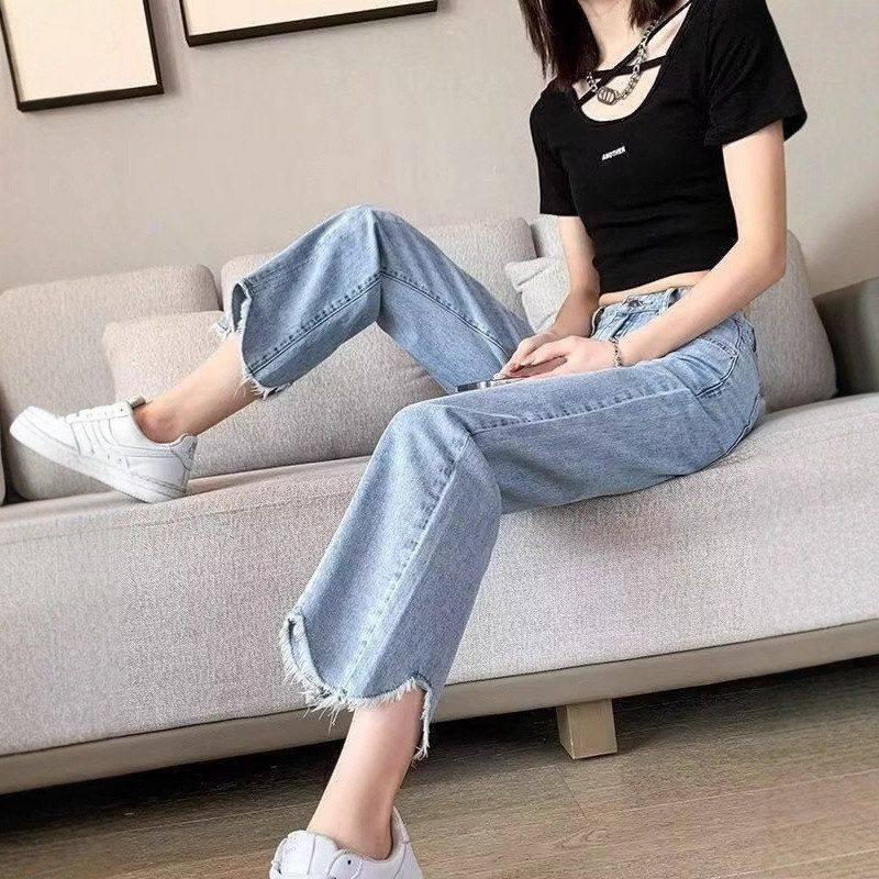 九分潮牌直筒新款秋季牛仔裤宽松女高腰小个子显瘦2025新款阔腿裤