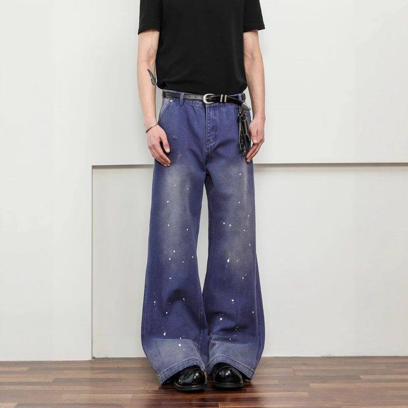 长裤女款蓝高街阔腿美式法工拖地复古牛仔裤男宽松破坏泼墨直筒潮