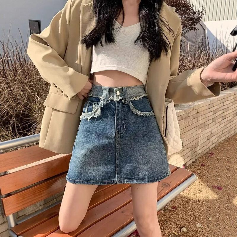 时尚新款牛仔个性毛边美式高腰字