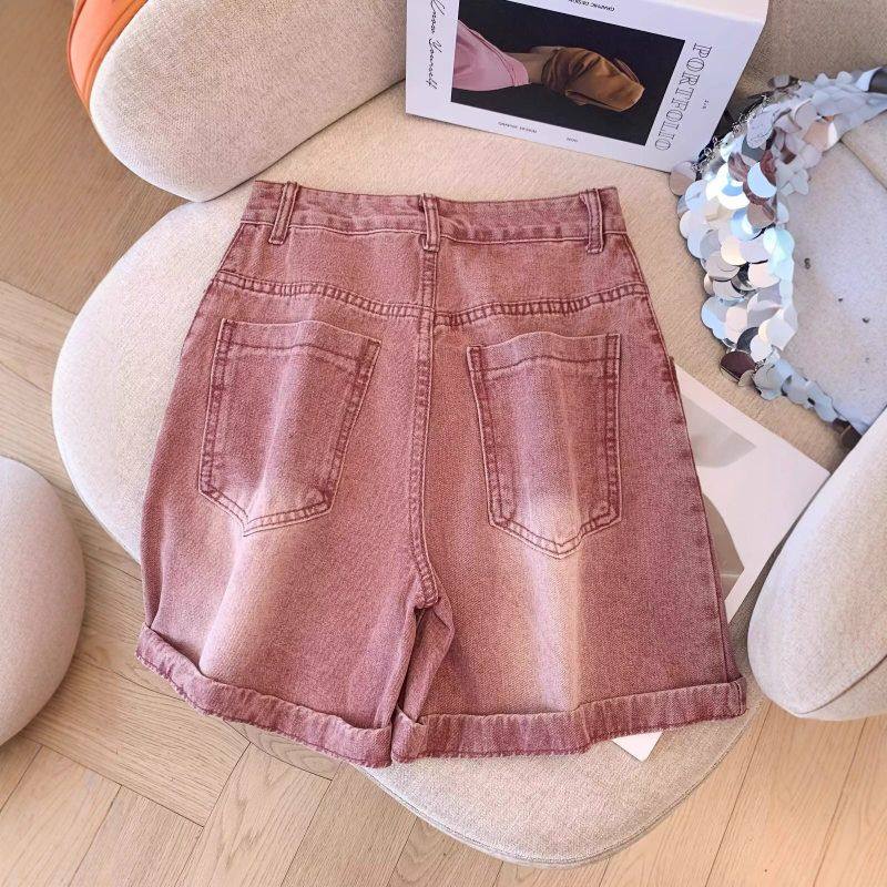 女裤子高腰夏季粉色牛仔美式设计感字复古短裤脏脏a宽松阔腿显瘦
