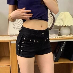 显瘦字超短裤跨境新款辣妹黑色设计热裤美式低腰牛仔短裤铆钉夏季