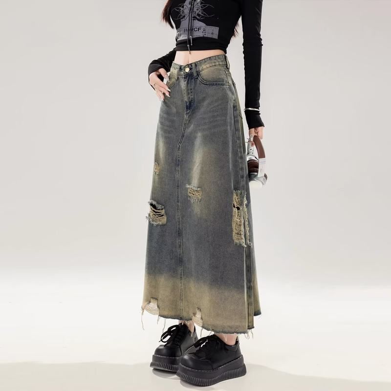 裙子女高腰怀旧美式复古字长牛仔