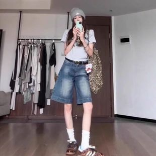 阔腿女夏季分裤5辣妹直筒宽松五分裤中裤牛仔短裤复古低腰设计感