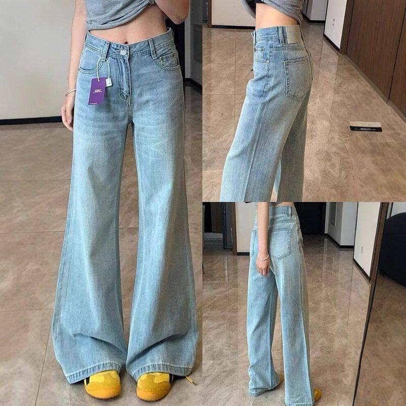 微喇浅蓝女阔腿宽松不贴显瘦牛仔裤夏季腿水洗潮裤子喇叭2025新款,女装/女士精品,牛仔裤,淘宝优惠券,粉丝福利购,淘宝优惠卷