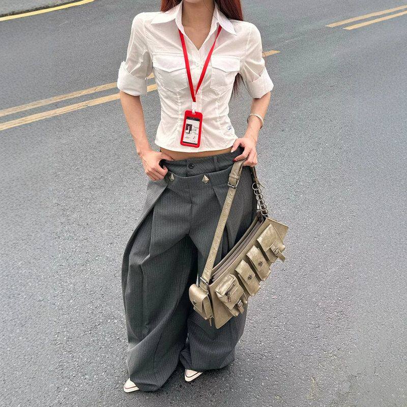 阔腿长裤条纹拖地休闲裤双西装裤