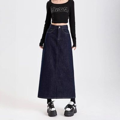 扣牛仔包臀蓝排开叉女裙子新款