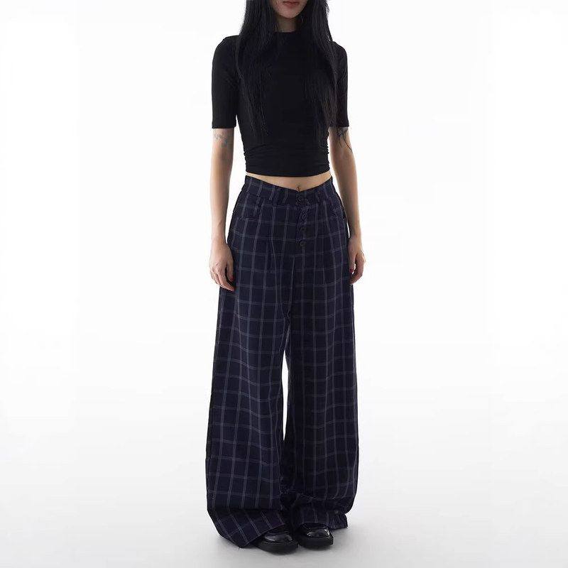 阔腿高美式复古拖地蓝休闲裤风显慵懒直筒显瘦格纹长裤男女潮宽松