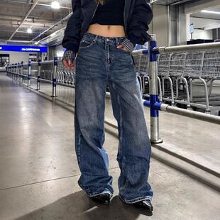 做旧神裤宽松子阔腿直腿显瘦牛仔裤2026牛仔裤女高腰裤分割线水洗