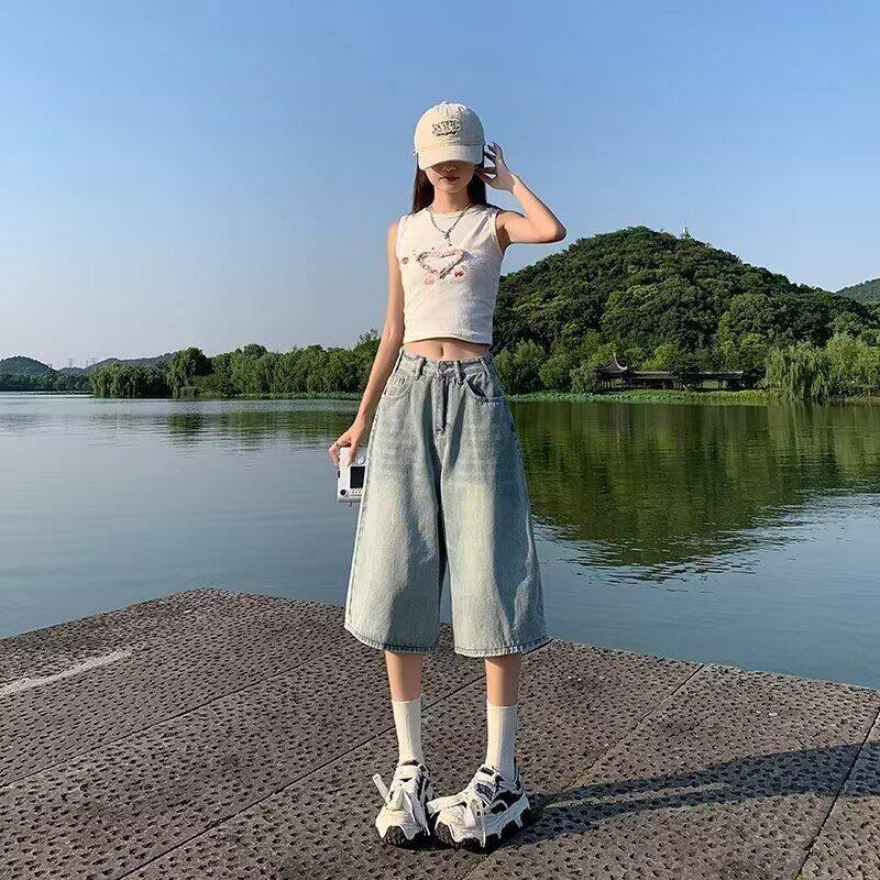 女七分宽松牛仔短裤潮阔腿浅蓝显瘦热裤2025夏天直筒薄款梨形百搭