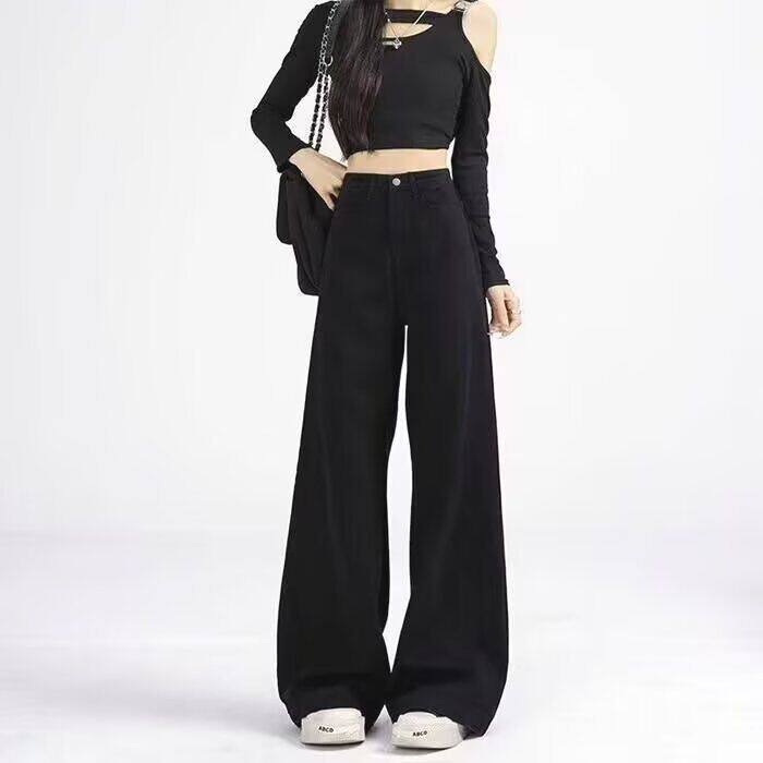 垂感阔腿牛仔裤拖地直筒裤女新款年喇叭高腰宽松夏天显瘦黑色2025