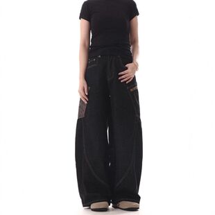 男夏季 弯刀休闲痞帅牛仔裤 拼接复古 子潮流宽松纹阔腿裤 拖地蛇皮裤