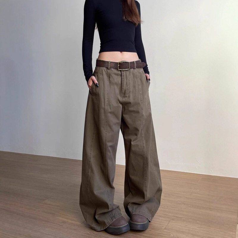 休闲裤外贸时尚直筒女裁剪子宽松美式阔腿复古工装裤立体拖地百搭