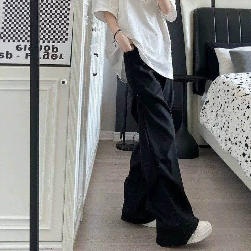 微喇褶皱裤子西裤百搭男女阔腿同款高个子直筒裤宽松加长高街休闲