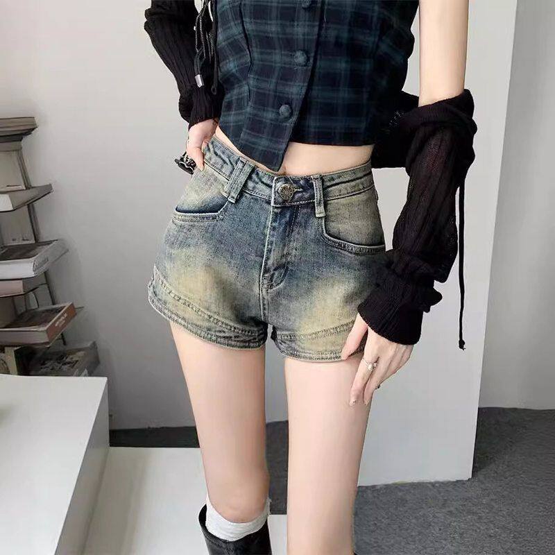 弹力牛仔短裤阔腿字高腰复古女夏a辣妹做旧薄款显瘦美式大码裤子