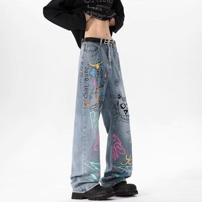 子涂鸦牛仔裤美式复古阔腿裤高