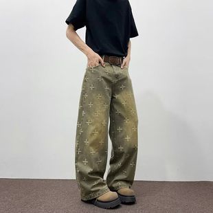 牛仔裤满印夏季做旧重工十字星阔腿裤直筒设计水洗复古宽松新款女