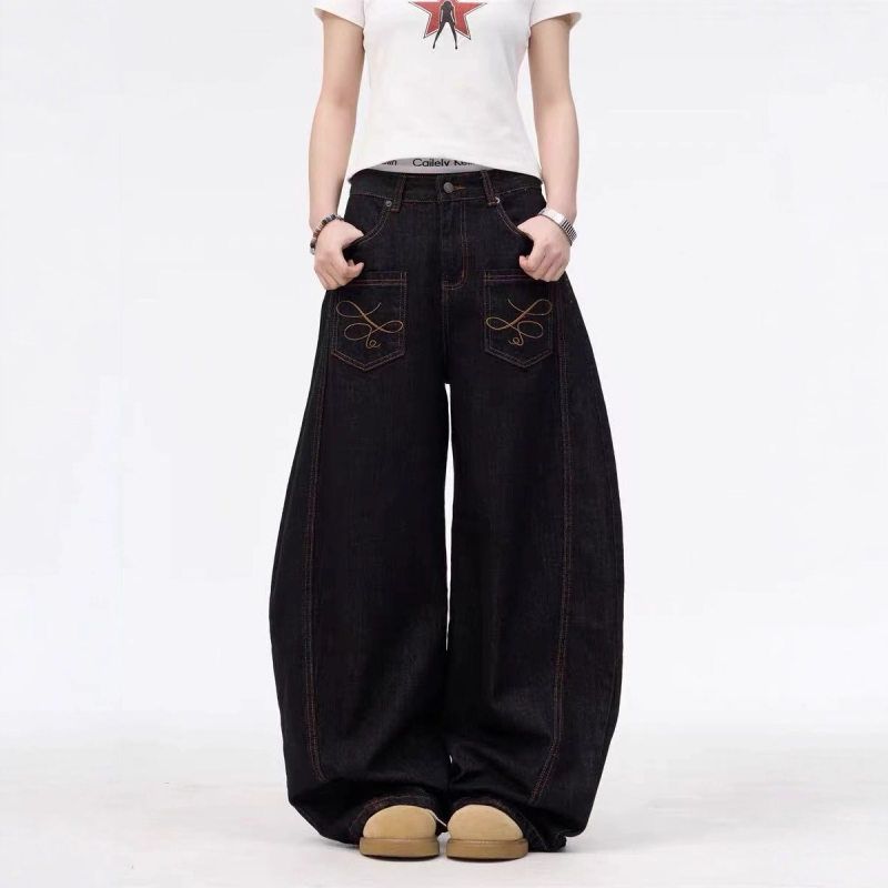 阔腿牛仔裤做旧水洗口袋拼接刺绣