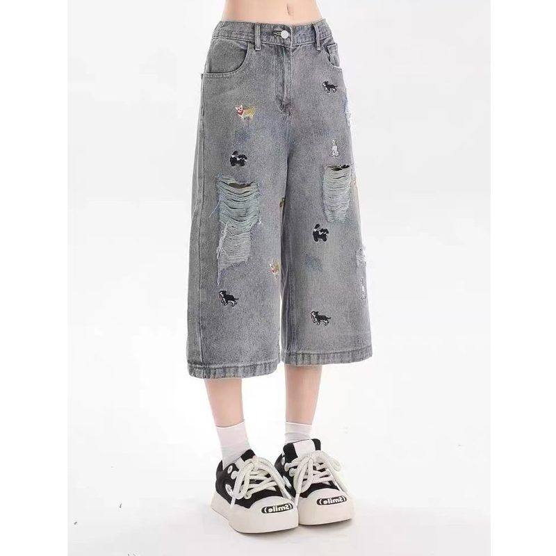 刺绣品质宽松复古男女直筒潮牛仔裤专柜狗狗水洗重工五分裤七分裤