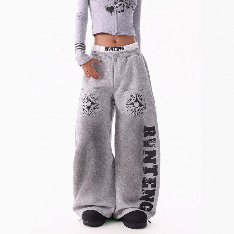 复古做旧双腰头设计感字母美式撞色潮卫裤男女印花宽松休闲裤弯刀