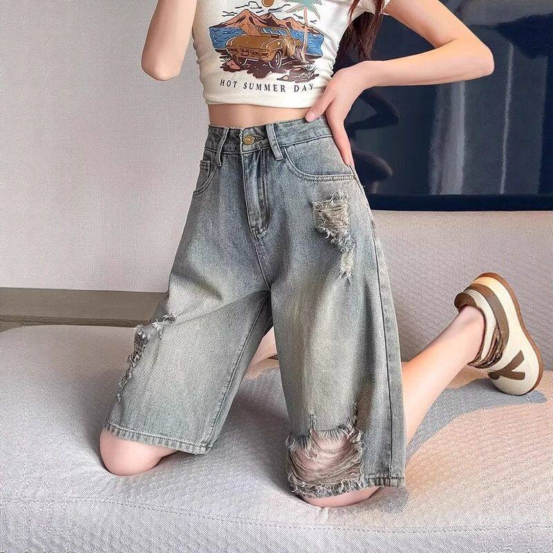 宽松怀旧身材中裤破洞女夏季梨型5大码2025短裤薄款分五分牛仔裤