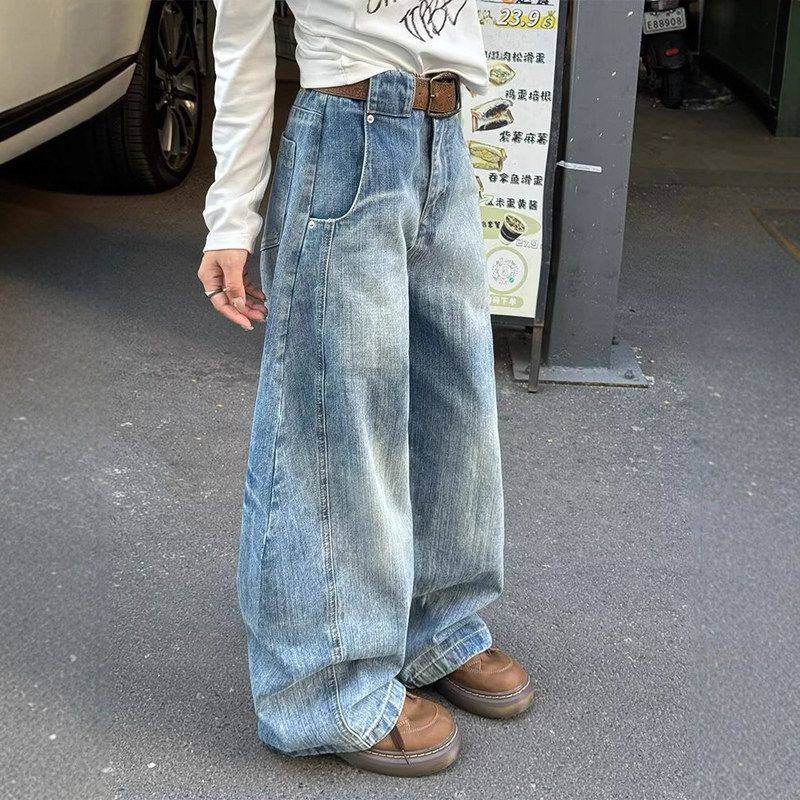 弯刀浅蓝色直筒牛仔裤高街时尚微喇裤子水洗美式外贸裤子男女同款