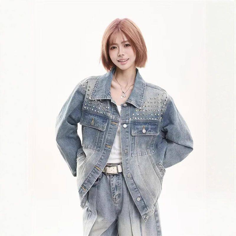 时尚跨境牛仔外套百搭铆钉重工复古女丹宁美式慵懒做旧休闲夹宽松,女装/女士精品,短外套,淘宝优惠券,粉丝福利购,淘宝优惠卷