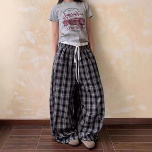 拼接休闲裤直筒格子慵懒双腰头男女阔腿裤宽松拖地裤子美式爵士舞
