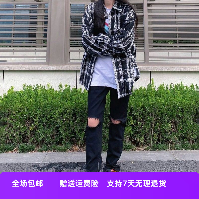百搭直筒新款夏季黑色破洞牛仔裤男女休闲美式长裤高街款基础潮流