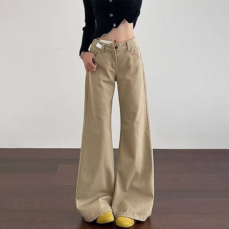 潮小个子窄长裤版2025新款女高腰阔腿宽松直筒牛仔裤卡其色年春秋