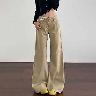 潮小个子窄长裤版2025新款女高腰阔腿宽松直筒牛仔裤卡其色年春秋
