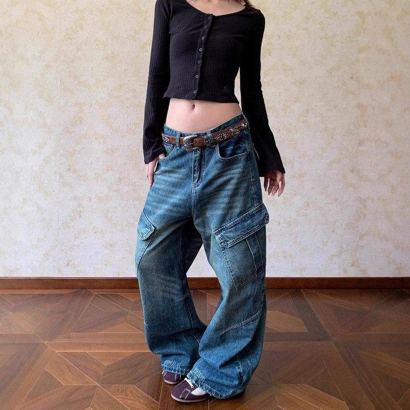 猫弯刀男女大美式廓形拖地水洗秋季做旧口袋宽松裤子牛仔裤须新款,女装/女士精品,牛仔裤,淘宝优惠券,粉丝福利购,淘宝优惠卷