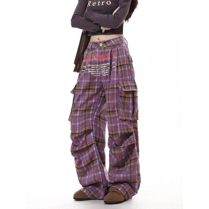 时尚撞色工装裤新款女复古韩风小众秋冬潮格纹百搭美系休闲阔腿裤