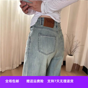 梨形春秋女胖顯瘦闊腿牛仔褲 mm子身材新款 大碼 垂感 寬松淺色直筒褲