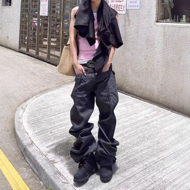 蓝跨境女原微喇丹宁复古美式裤